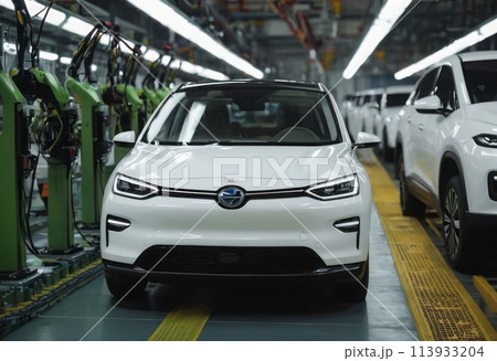 A man working on an automotive production line, inspecting electric cars. His role ensures the quality and efficiency of production. 113933204