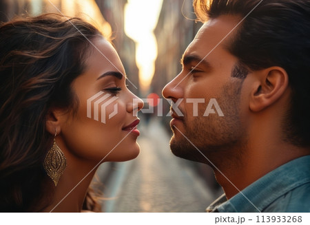 A couple shares a romantic gaze on an...のイラスト素材 [113933268] - PIXTA