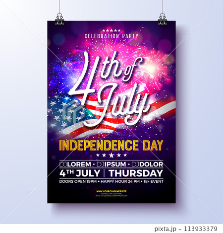 Independence Day of the USA Party Flyer Illustration with American Flag and Fireworks. Vector Fourth of July Design on Night Blue Background for Celebration Banner, Greeting Card, Invitation or Independence Day of the USA Party Flyer Illustration with American Flag and Fireworks. Vector Fourth of July Design on Night Blue Background for Celebration Banner, Greeting Card, Invitation or 113933379