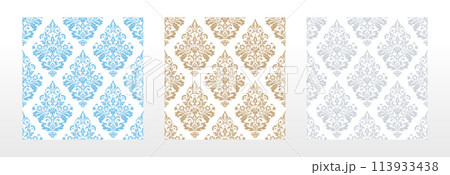 Wallpapers in the style of Baroque. Seamless vector backgrounds. Set of colored floral ornaments. Graphic patterns for fabric, wallpaper, packaging. Ornate Damask flower ornaments 113933438