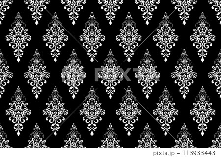 Floral pattern. Vintage wallpaper in the Baroque style. Seamless vector background. White and black ornament for fabric, wallpaper, packaging. Ornate Damask flower ornament. 113933443