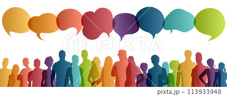 Communication across diverse cultures -  Multicultural dialogue represented by colored silhouette and speech bubbles of multiethnic individuals. Diversity equality inclusion. Front-view 113933948