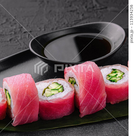 Japanese uramaki tuna roll with cucumber 113934256