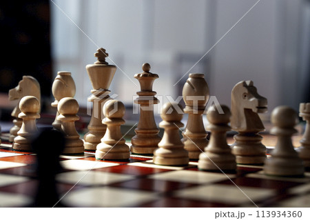 Chess on the board before the game starts. Chess pieces, duel, strategy, game concept. 113934360