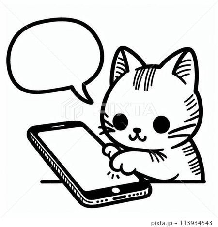 スマホをツンツンするネコのイラスト【吹き出し付】 113934543