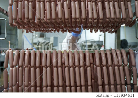 Production of meat sausages. Meat factory and industry. 113934611