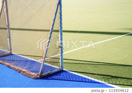 Sports court banner background. Colored artificial turf court in the stadium 113934612