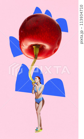Poster. Contemporary art collage. Fit woman in swimwear drinks cocktail with huge cherry above her which pours liquid to glass. 113934710