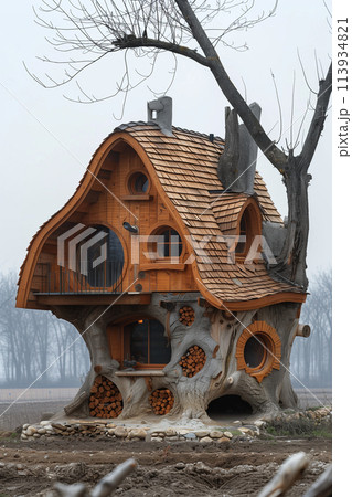 A modern high house constructed entirely out of logs 113934821