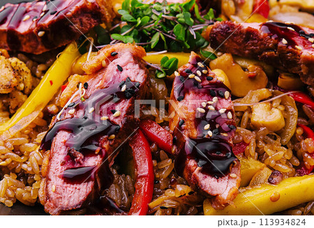 Chinese fried rice with beef close up Chinese fried rice with beef close up 113934824