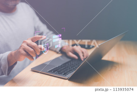 Login icon and internet network security technology. Businessperson touching to sign in for protecting personal data with virtual screen interfaces. Cybersecurity and privacy concepts to protect data. 113935074