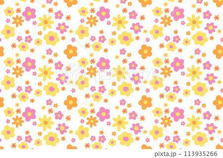 Illustration of yellow, orange and pink flowers for background, autumn pattern, floral print, spring, picnic, nature, garden, fabric print, textiles, garment, gift wrap, paper design, packaging Illustration of yellow, orange and pink flowers for background, autumn pattern, floral print, spring, picnic, nature, garden, fabric print, textiles, garment, gift wrap, paper design, packaging 113935266