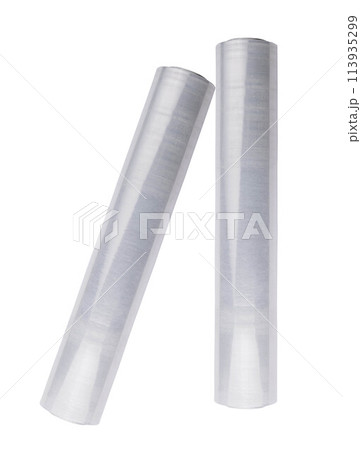 Roll of plastic stretch wrap film on white Roll of plastic stretch wrap film on white 113935299
