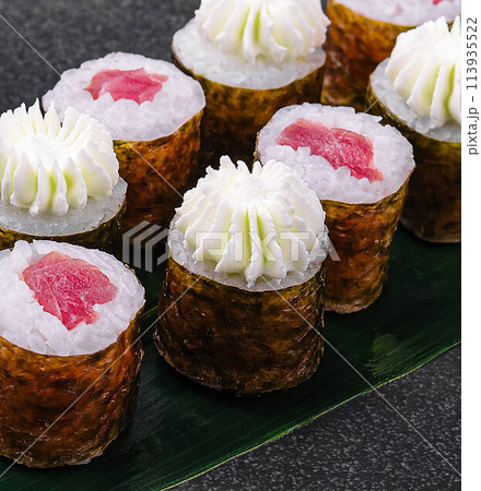 sushi maki rolls with tuna inside with Philadelphia cheese sushi maki rolls with tuna inside with Philadelphia cheese 113935522