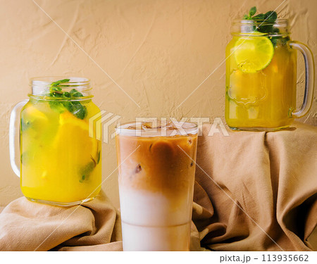Variety of tropical cocktails and iced coffee Variety of tropical cocktails and iced coffee 113935662