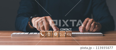 Banner, web for contact us or e-mail marketing concept, Customer support hotline Contact us people connection. cube wood with the email, call phone, address, Chat message icons. on keyboard computer. Banner, web for contact us or e-mail marketing concept, Customer support hotline Contact us people connection. cube wood with the email, call phone, address, Chat message icons. on keyboard computer. 113935877