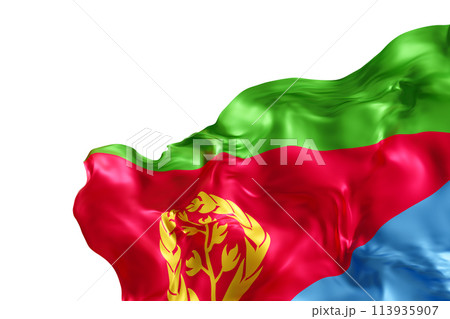 Realistic flag of Eritrea with folds, isolated on white background. Footer, corner design element. Cut out. Perfect for patriotic themes or national event promotions. Empty, copy space. 3D render. Realistic flag of Eritrea with folds, isolated on white background. Footer, corner design element. Cut out. Perfect for patriotic themes or national event promotions. Empty, copy space. 3D render. 113935907