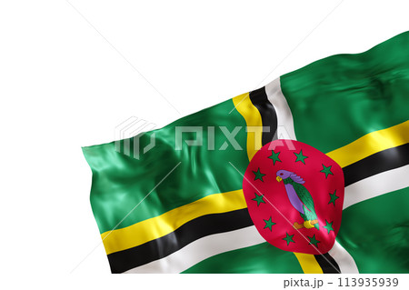 Realistic flag of Dominica with folds, isolated on white background. Footer, corner design element. Cut out. Perfect for patriotic themes or national event promotions. Empty, copy space. 3D render. 113935939