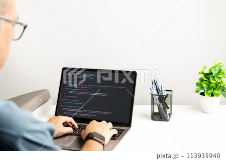 programmer coding, compiler, encode, debug, and developer application software for business corporate with laptop computer. Man programming coding web app from work at home, code show screen monitor 113935940