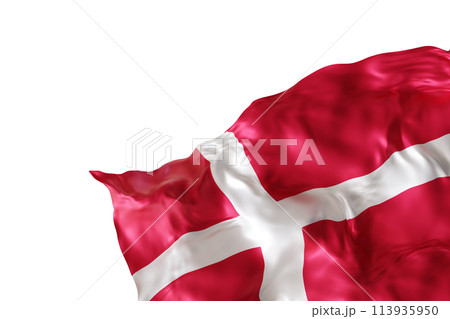 Realistic flag of Denmark with folds, isolated on white background. Footer, corner design element. Cut out. Perfect for patriotic themes or national event promotions. Empty, copy space. 3D render. Realistic flag of Denmark with folds, isolated on white background. Footer, corner design element. Cut out. Perfect for patriotic themes or national event promotions. Empty, copy space. 3D render. 113935950