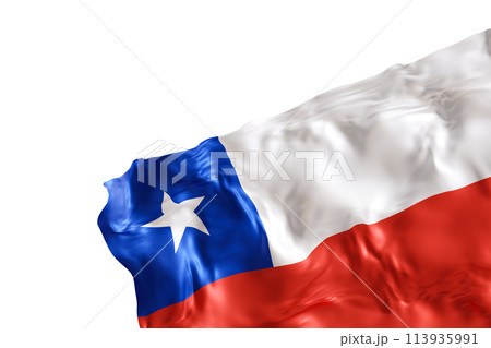 Realistic flag of Chile with folds, isolated on white background. Footer, corner design element. Cut out. Perfect for patriotic themes or national event promotions. Empty, copy space. 3D render. 113935991