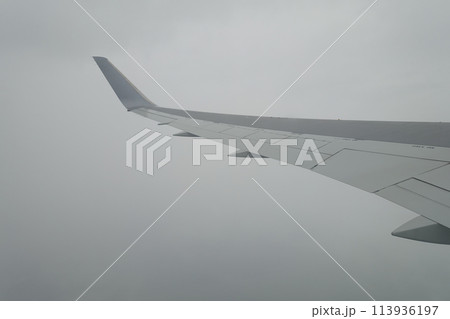 飛行機の窓から見る翼と雲 113936197