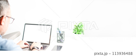 Men typing on a keyboard to use computer network. Laptop blank, white screen. Concept work at home with computers and Internet. Notebook computer on a white table. Copy space on right, blur background 113936488