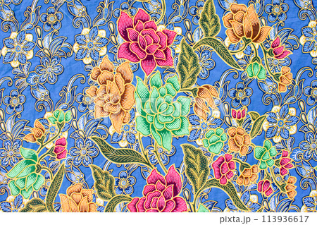 A colorful floral print on a blue background 113936617
