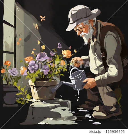 花に水をやる老人 113936893