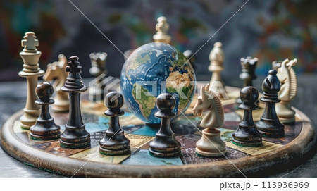 Glass globe on chess board 113936969