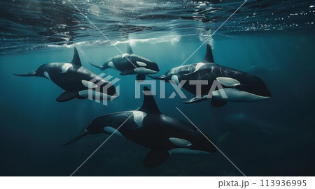 Orcas killer whales underwater in dark sea. 113936995