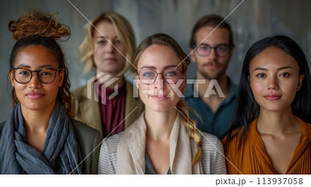 Five female colleagues at a work meeting smiling to camera Five female colleagues at a work meeting smiling to camera 113937058