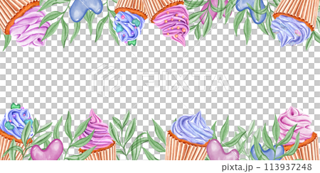 Horizontal frame with fruit berry cupcakes, heart-shaped caramels and greenery. Muffins decorated whipped creams and sweet sprinkles. Watercolor illustration for recipe design, label, invitation Horizontal frame with fruit berry cupcakes, heart-shaped caramels and greenery. Muffins decorated whipped creams and sweet sprinkles. Watercolor illustration for recipe design, label, invitation 113937248