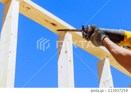 Using reciprocating saw to cut wood beams is construction theme that uses power tools Using reciprocating saw to cut wood beams is construction theme that uses power tools 113937259