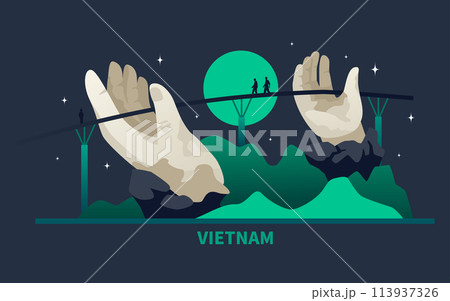 Ba Na Hills at night - modern colored vector illustration Ba Na Hills at night - modern colored vector illustration 113937326