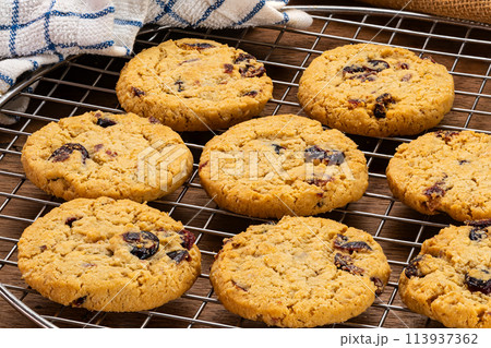 High angle view of crispy homemade oat flakes and cranberry biscuits. High angle view of crispy homemade oat flakes and cranberry biscuits. 113937362