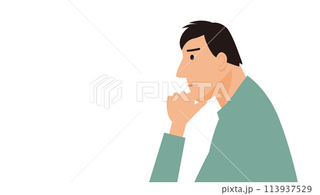 顎に手をあてて悩む普段着の男性の横顔イラスト 113937529