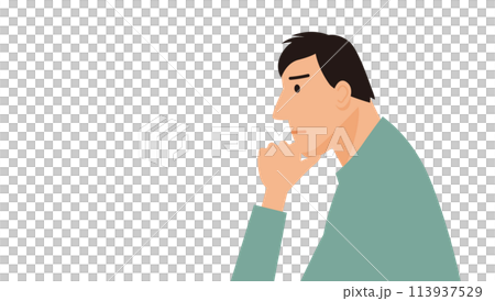 顎に手をあてて悩む普段着の男性の横顔イラスト 113937529