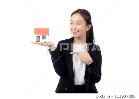 Portrait young asian businesswoman holding house for mortgage isolated white background. 113937800