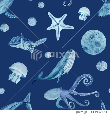 Sea life textured watercolor blue monochromatic seamless pattern on blue background. High quality hand-drawn art. Great for textile, souvenirs, posters, wallpaper, wrapping paper, eco materials design 113937831