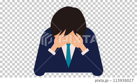 一位雙手放在臉上的沮喪辦公室職員的前視圖插圖 一位雙手放在臉上的沮喪辦公室職員的前視圖插圖 113938027