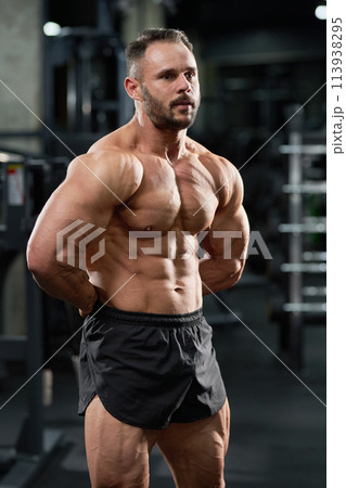 Attractive bearded bodybuilder performing healthy, strong body in gym. Portrait of Caucasian male weightlifter in black shorts, demonstrating muscles, with hands behind back. Concept of bodybuilding. Attractive bearded bodybuilder performing healthy, strong body in gym. Portrait of Caucasian male weightlifter in black shorts, demonstrating muscles, with hands behind back. Concept of bodybuilding. 113938295