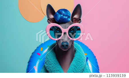 Funny dog wearing summer fashion on pastel background with copy space. Summer Vacation Concept. 113939139