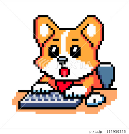 Pixel art icon with a corgi dog typing on a computer with a surprised look on a white background Pixel art icon with a corgi dog typing on a computer with a surprised look on a white background 113939326