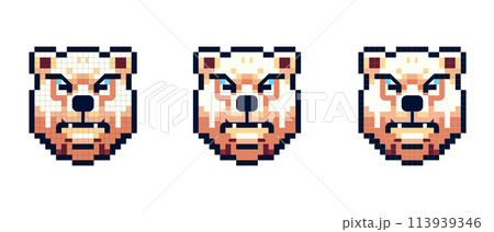 Pixel icon with a portrait of a brown bear that is angry and growls on a white background Pixel icon with a portrait of a brown bear that is angry and growls on a white background 113939346