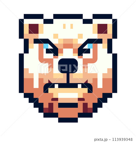 Pixel icon with a portrait of a brown bear that is angry and growls on a white background Pixel icon with a portrait of a brown bear that is angry and growls on a white background 113939348