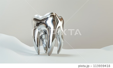Shiny metallic tooth sculpture on a white background 113939418