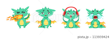 Funny Baby Dragon Character Engaged in Different Activity Vector Set 113939424