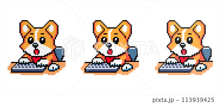 Pixel art icon with a corgi dog typing on a computer with a surprised look on a white background Pixel art icon with a corgi dog typing on a computer with a surprised look on a white background 113939425
