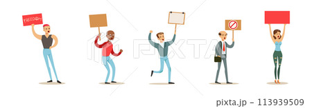 Angry People with Placard and Banner Participate in Protest Vector Set 113939509
